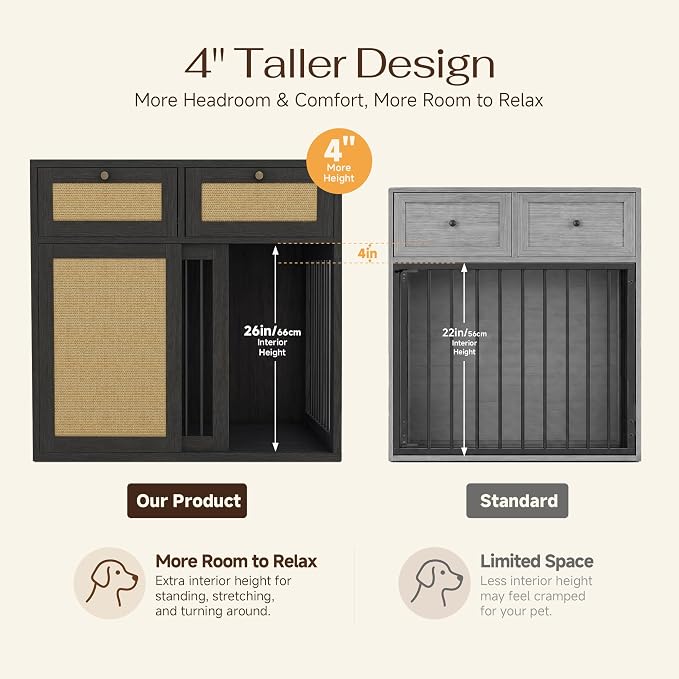 PureCozy 2-Piece Dog Crate Furniture, Right, 80 Inch, Black Oak | Right-unit kennel with metal sliding door plus cane storage cabinet and 4 total drawers; furniture-style indoor console.