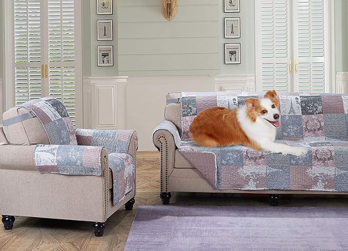 Brilliant Sunshine Latte Grey Paris & Toile Patchwork Couch Cover, 70" seat | Quilted Sofa Cover, Living Room & Bedroom Furniture Protector, Large Washable Slipcover for Pets, Dogs & Cats