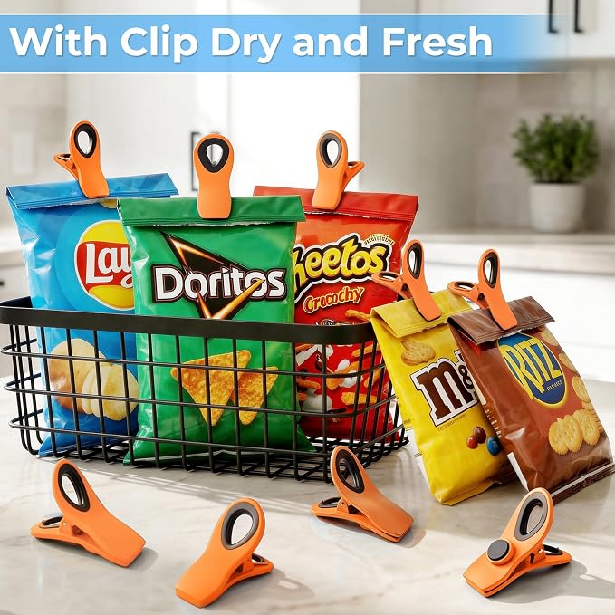 12 Pack Chip Clips, Bag Clips for Food, Magnetic Sealers for Chips and Other Food, Plastic Bag Clip for Kitchen, Fridge, Clothes, Sewing and Artwork (Orange)