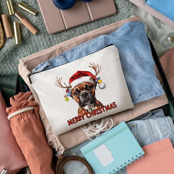 DILSJ Christmas Boxer Dog Makeup Bag, Boxer Dog Gifts Cosmetic Bags For Women, Pet Lover Gifts, Christmas Zipper Makeup Pouch Travel Organizer Toiletry Bag