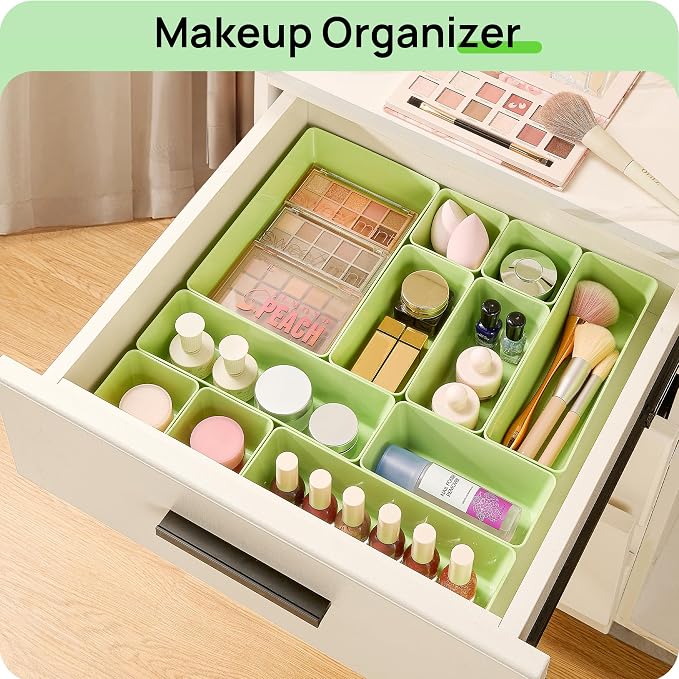 Vtopmart 25 Pack Plastic Drawer Organizers with Non-slip Rubber Pads | 4-Size Versatile Makeup Organizer, Storage Containers Small Bins for Makeup, Jewelries, Bedroom, Kitchen Utensils and Office