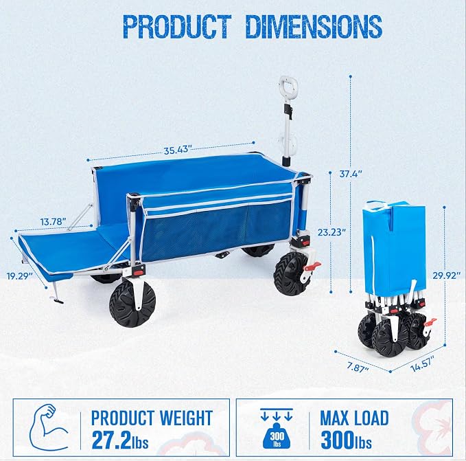 Old Bahama Bay 300lbs Extra Long 49" L Beach Wagon with Big Wheels with Brake for Sand, Collapsible Utility Beach Cart Heavy Duty Folding Wagon,Ideal for Outdoor Sand Camping Garden Pet