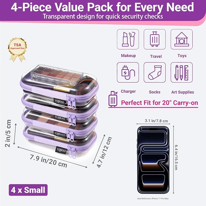 YQBRAO Clear Hard Shell Zipper Cases, 4 Small Cable Organizers, Purple | Rigid 1.2 mm PET and YKK dual zippers for cosmetics, charging cords, pens and travel accessories