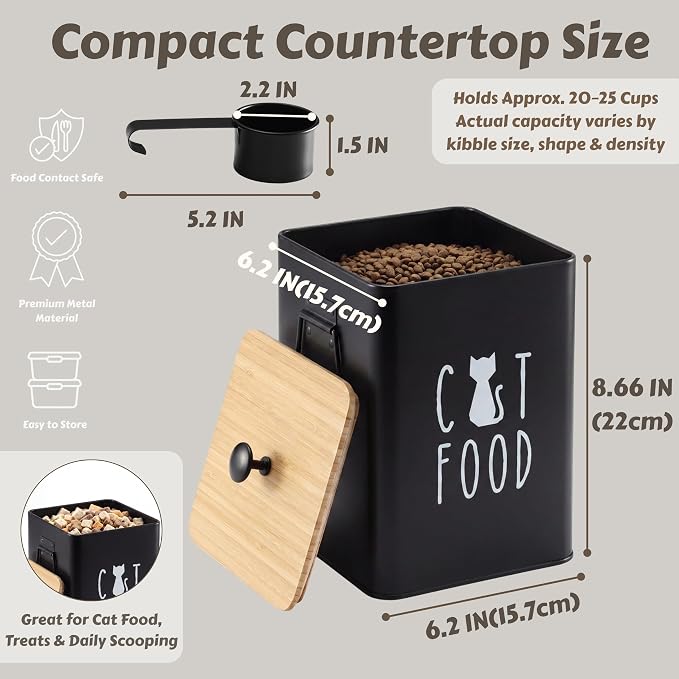 PERFNIQUE Cat Food Storage Container, Airtight Cat Treat Container with Bamboo Lid, Pet Food Storage for Kitchen Countertop, Treat Jars for Pets, Cat Food Container (Black, with Spoon)