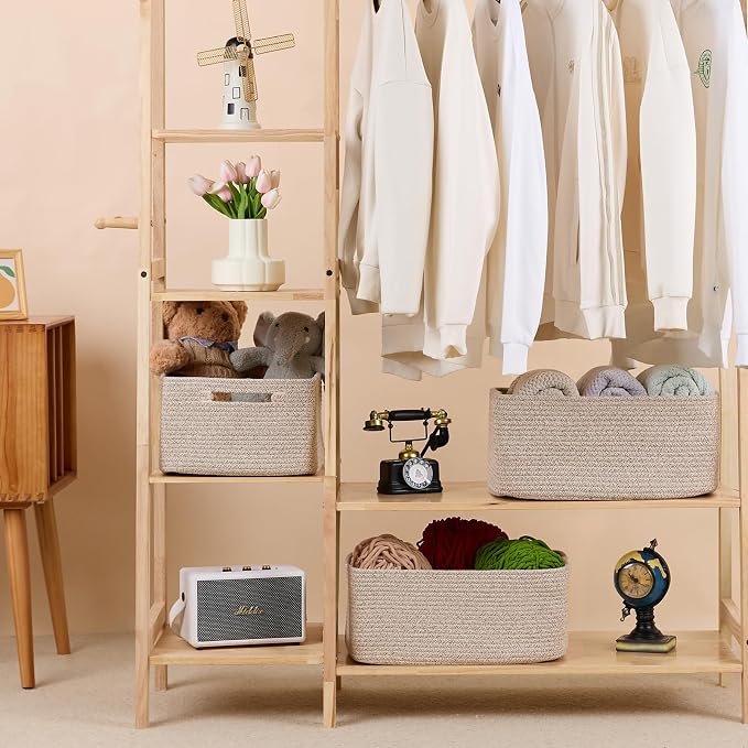 MiniArk Large Storage Baskets for Shelves, 17 x 13 x 7.5” Closet Organizers Bins for Clothes Blanket Towels, Baby Nursery, Toy Baskets Box, Woven Rope Baskets, 3 Packs Mixed Brown