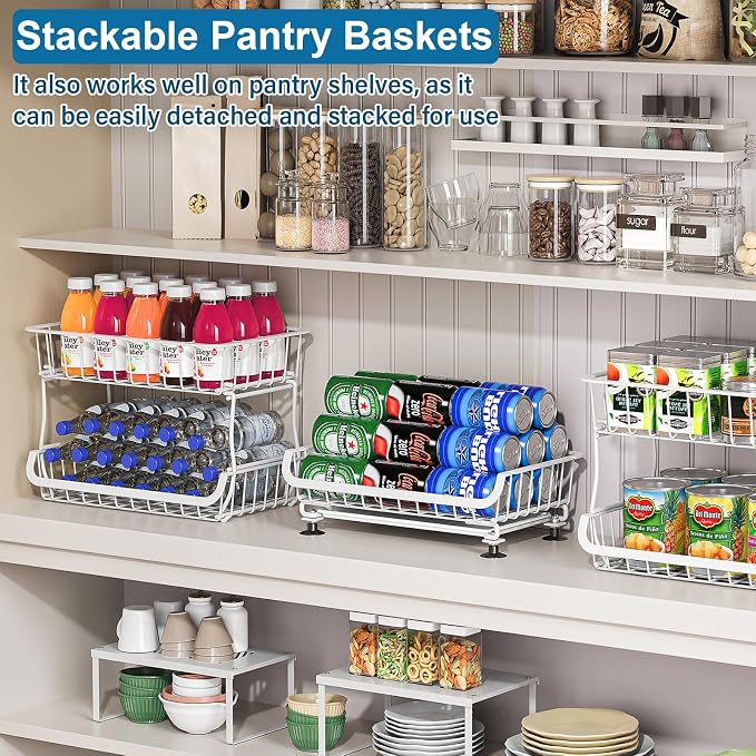 OKZEST 3-Tier Rolling Pantry Floor Organizers and Storage Cart with Wheels | Fits under pantry shelf, Stackable kitchen pantry baskets with dirt catch tray, Holds drink, snack, can, potato, onion, fruit
