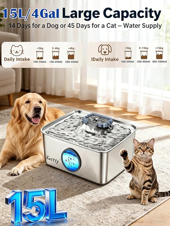 Kastty 15L/4 Gal Dog Water Fountain, Stainless Steel Large Pet Water Fountain with Water Level LED Light, Quiet Automatic Dog Water Bowl Dispenser for Dogs Inside Easy Cleaning FS79