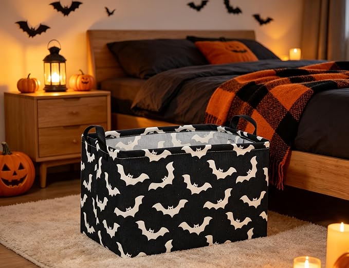 Essme Rectangular Bat Basket,Kids Storage Bins Organizer with Handles for Halloween Room Decor, Gift Basket,Shelf Basket.(Black bat)