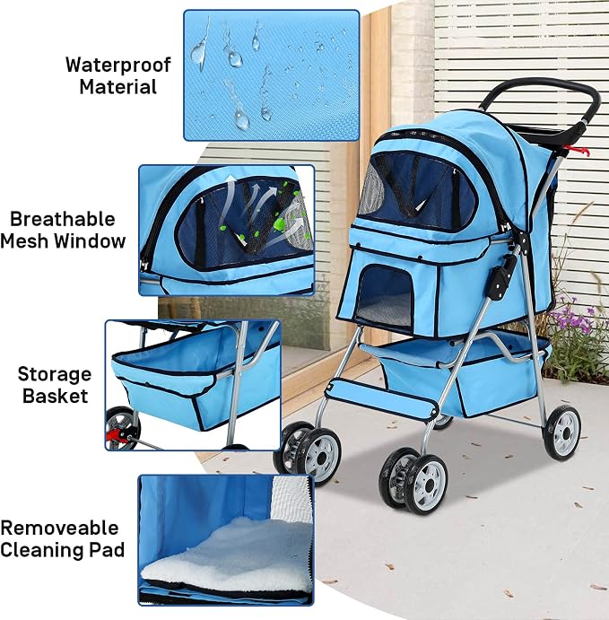 4 Wheels Pet Stroller for Dog and Cat Stroller, Lightweight and Foldable Carrier Strolling Cart W/Cup Holders Removable Liner for Small and Medium Dog Cat - Blue
