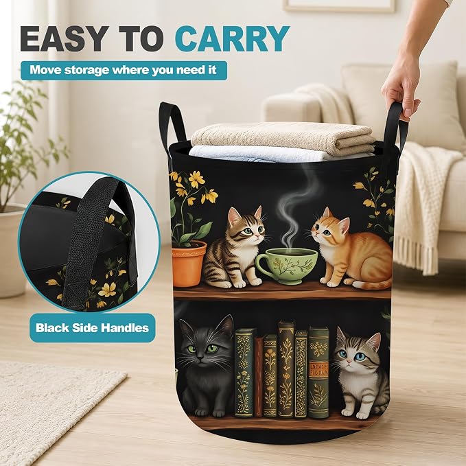 Laundry Basket,Cat Bookshelf Foldable Clothes Hamper with Handles,Library Floral Plants Waterproof Oxford Cloth Storage Organizer for Bedroom Bathroom College Dorm,16" x 20"