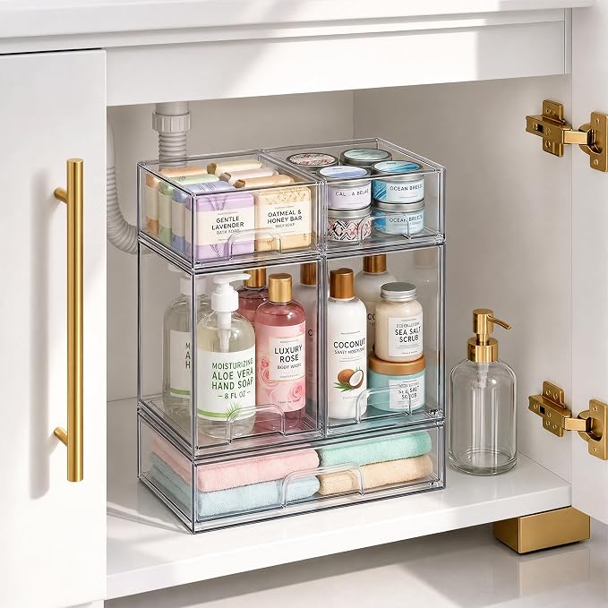 Clear Stackable Storage Drawers, Baby Bottle Organizers, Easily-Access Makeup Organizer, Durable Containers for Bathroom Countertop, Pantry and Medicine Cabinet Organizer