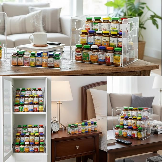 Medicine Bottle Storage Organizer, Pill Bottle Vitamin Organizer for Cabinet 3 Tier Clear Countertop Organizer Storage Rack Easy Access with Removable Shelves