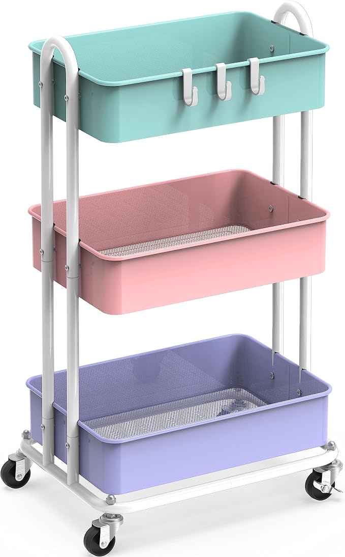 Simple Houseware 3-Tier Heavy Duty Metal Utility Rolling Cart, Multicolor