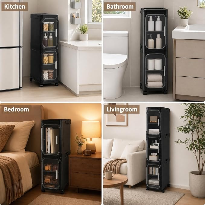 2 Tier Slim Narrow Bathroom Storage Cabinet with Wheels, Foldable, Black | Tools Free, Adjustable Shelves,Lockable Wheels, Magnetic Door, PET and ABS, Storage for Narrow Spaces