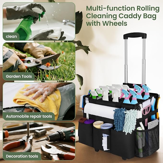 Large Rolling Cleaning Caddy with Detachable Trolley for Housekeeper | Large Capacity Cleaning Supply Organizer Bag with Wheels, Multiple Pockets, Water-resistant