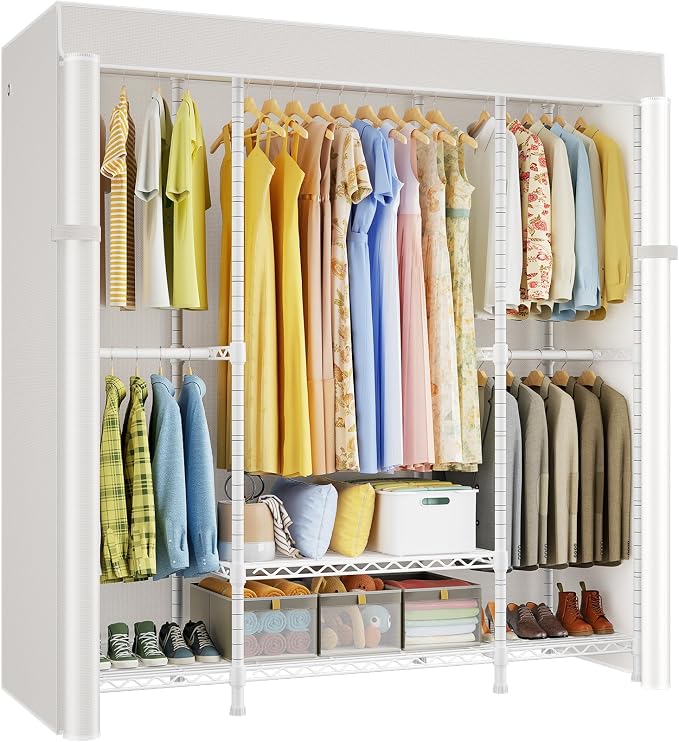 E3C White Clothes Rack with Beige Cover, Heavy Duty Garment Rack | Freestanding Metal Closet System Storage Organizer for Clothing, Clothing Rack Holds up to 850 lbs, 59.5"W x 16.5"D x 77.4"H