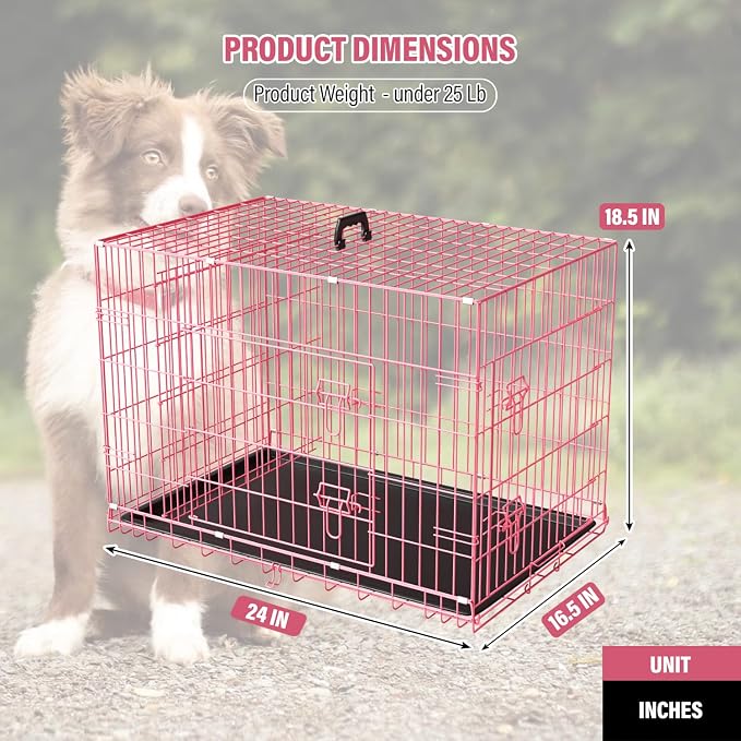 Dog Crate Dog Cage Dog Kennel Outdoor Metal Wire Double-Door Folding Pet Animal Pet Cage for Small Dog 24 inches with Plastic Tray and Handle,Pink