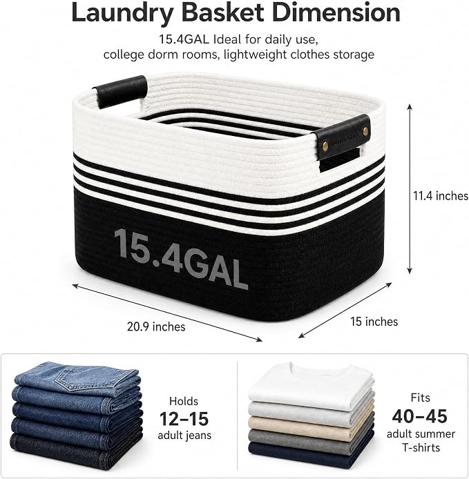 Cotton Rope Laundry Basket Medium, 15.4GAL Collapsible Woven Storage Baskets for Living Room Kids Toys Stuffed Animal,Boho Rectangular Decorative Short Hamper for Dirty Clothes, Blankets White Black