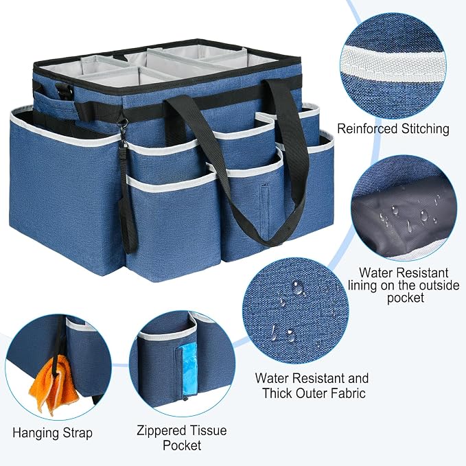 Large Rolling Cleaning Caddy Bag with Detachable Trolley,Cleaning Cart on Wheels with Shoulder Strap,Cleaning Supplies Organizer for Housekeepers,Blue