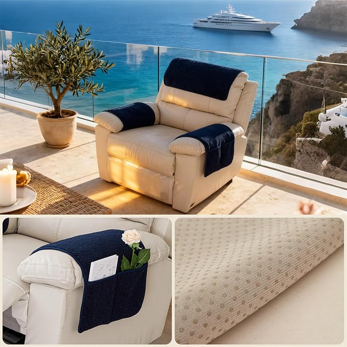 Sherpa Fleece Armrest and Headrest Covers with 2 Pockets | Soft fleece with nonslip silicone backing helps protect leather and fabric furniture from pet scratches machine washable