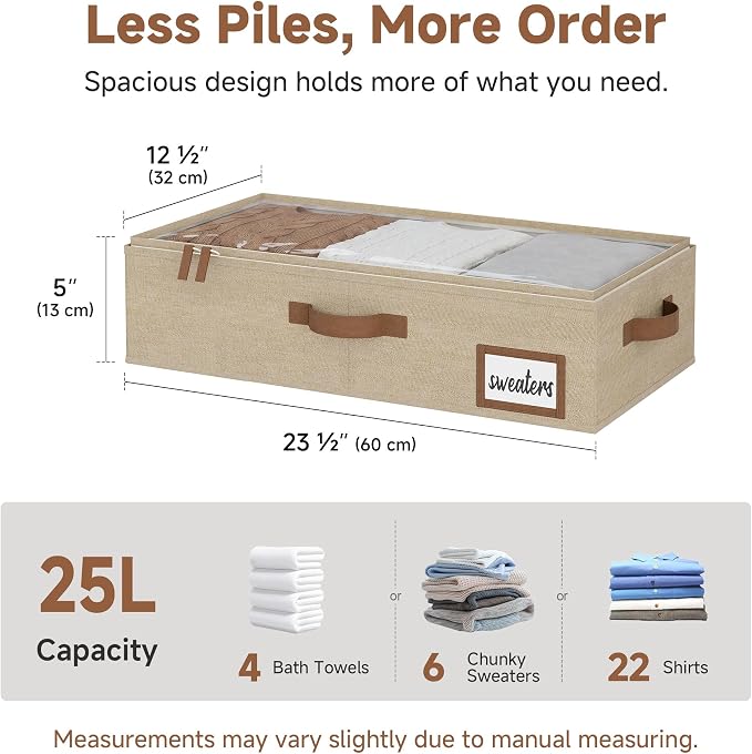 StorageWorks 5 Inch Low Profile Under Bed Storage Containers with Clear Lid | Reinforced Structure, Resists Sagging, Handles & Label Holder, Foldable Stackable Closet Storage for Clothes, Blankets, Toys