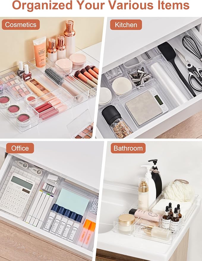 SMARTAKE 30-Piece Drawer Organizer with Non-Slip Silicone Pads, 7-Size | Desk Drawer Organizer Trays Storage Tray for Makeup, Jewelries, Utensils in Bedroom Dresser, Office and Kitchen (Clear)