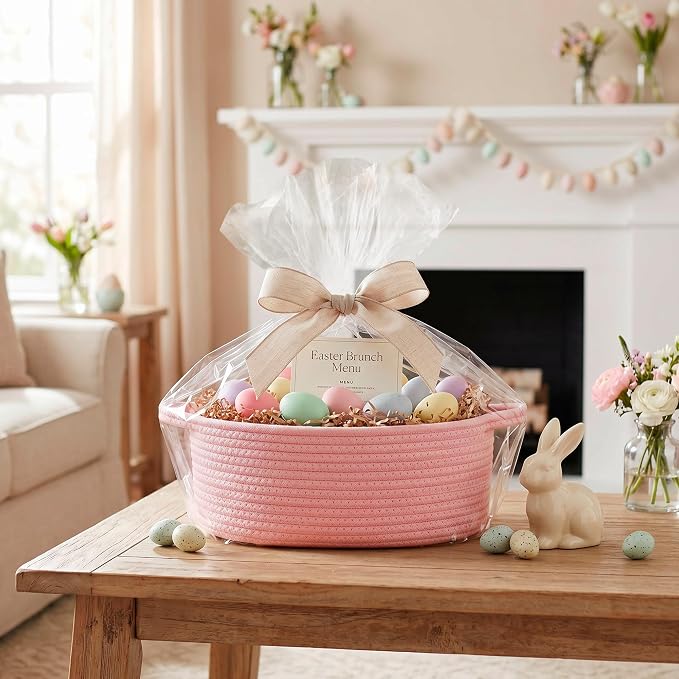 Pink Basket for Gifts Empty, 13"x9"x5" Small Woven Cotton Rope Baskets for Storage, Empty Gift Basket for Birthday, Easter, Christmas, Valentines, Cute Baby Nursery Organizer, Pink Room Decor