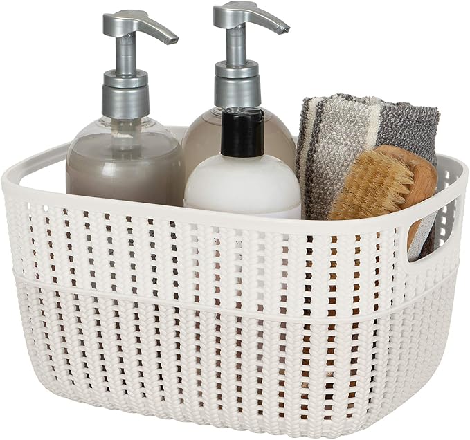 Simplify 2 Pack 2 Tone Sailor Knot Plastic Storage Tote | Decorative Basket | Closet Organization | De-clutter | Accessories | Toys | Bathroom Organization | Medium | Ivory