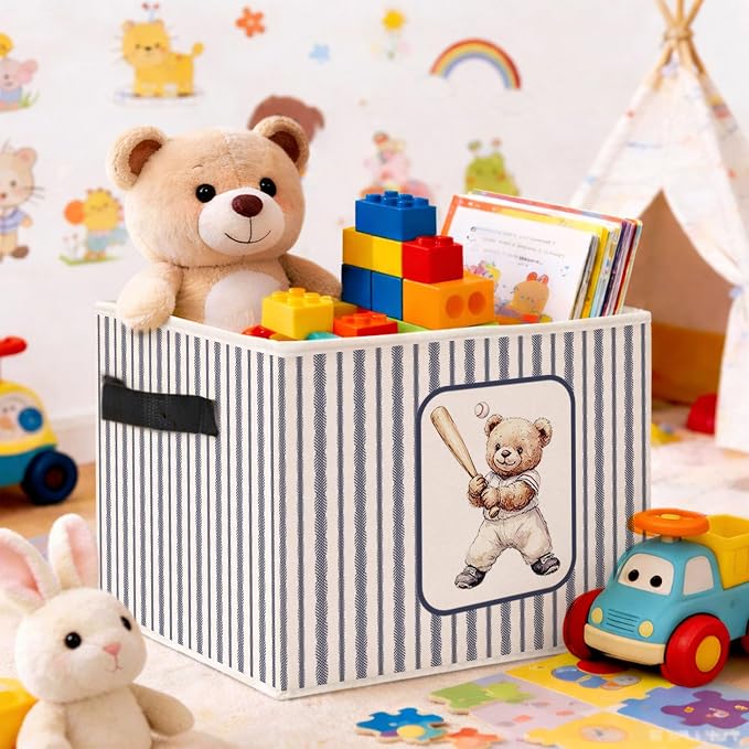 Baseball Teddy Bear Sports Foldable Fabric Storage Bin | Sports teddy bear stripe design; foldable fabric storage bin for kids room, nursery, playroom, toys, books, clothes.