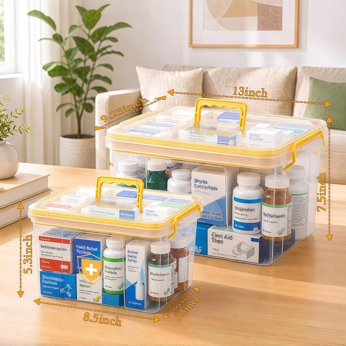 2 Pack Clear Medicine Organizer Box with Handle, Plastic Medicine Container with Tray First Aid Box Empty, Thickened Medicine Storage Organizer Multipurpose Medication Organizer Storage, Yellow