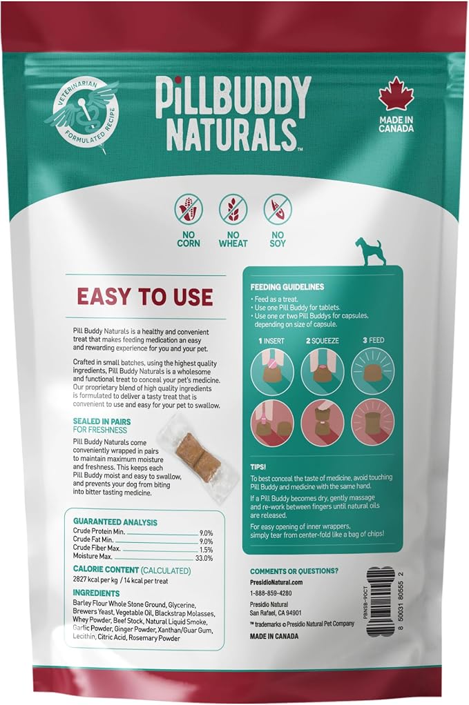 Presidio Earthly Pill Buddy Naturals - Beef Recipe Pill Hiding Treats for Dogs - Make A Perfect Pill Concealing Pocket Or Pouch for Any Size Medication - 90 Servings