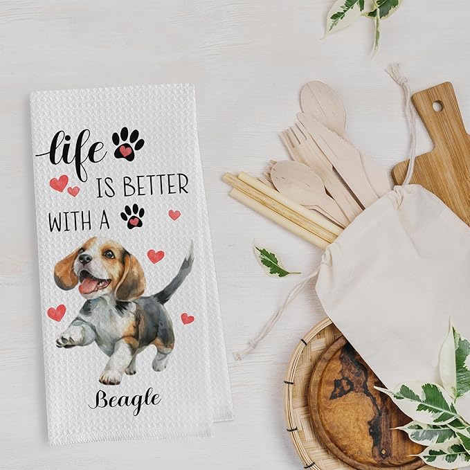 Beagle Dish Towels - Funny Waffle Weave Kitchen Hand Towels, Tea Towels, Gifts for Women (1624 Inches Set of 2)