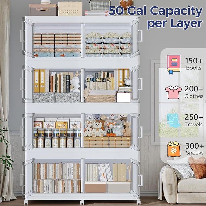 250Gal Stackable Storage Bins with Lid 5-Tier Collapsible Cabinet Closet Organizer Box with Wheels, 1000QT Large Plastic Drawer Container with Doors for Clothes Kitchen Organizing, White