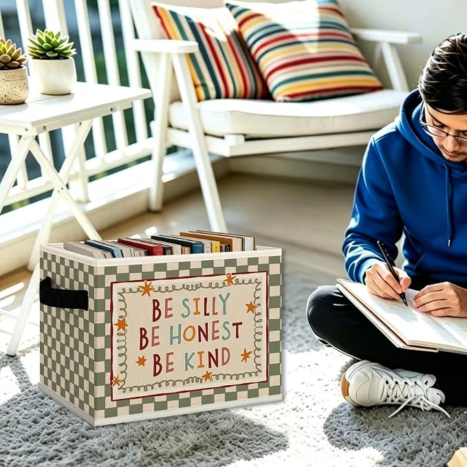 Inspirational Kids Cube Storage Bins with Handles, Be Silly Honest Kind Nursery Collapsible Fabric Storage Basket Boxes Books Clothes Organizer for Girls Boys Room Bedroom Playroom