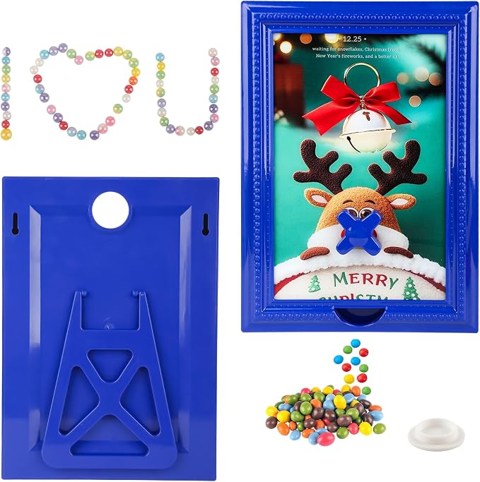 Candy Dispenser Picture Frame, Wall-Mount & Tabletop Gumball Machine with Multiple Designs for Candy, Nuts, Treats, Interactive Home and Office Decor (Deer & Bell, Blue)