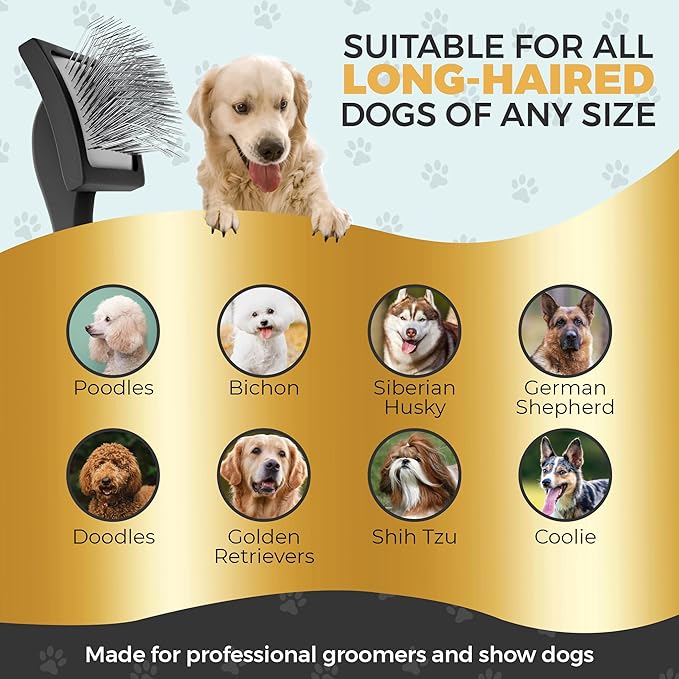 PawsltlveShine Dog Slicker Brush - Easy Grooming Brush for Poodles, Goldendoodles, Golden Retrievers - Dog Brush for long haired dogs - Effortless Grooming, Dematting, Deshedding - Black, Large