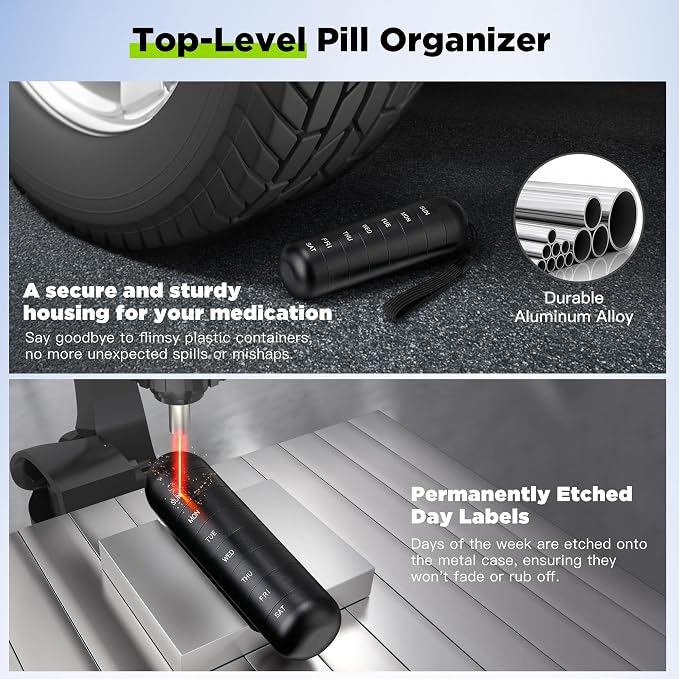 Zannaki Upgrade Large Metal Travel Pill Organizer, Waterproof Weekly Pill Box, Portable Aluminum Alloy Pill Case Container, BPA Free 7 Day Daily Medicine Organizer Holder for Vitamin,Pills,Supplement