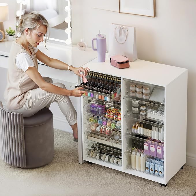 Mobile Storage Cabinet with 15 Clear Drawers, Modern White | Craft Cabinet with 5 Large Drawers, Cart with Wooden Tabletop, Printer Stand Home Office, Dresser Chest