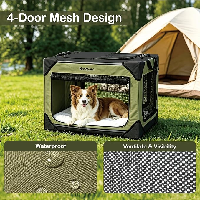 36" L Collapsible Dog Crate for Large Dogs, Soft Pet Crate with 4-Door Mesh, Portable Dog Kennel for Travelling, Green