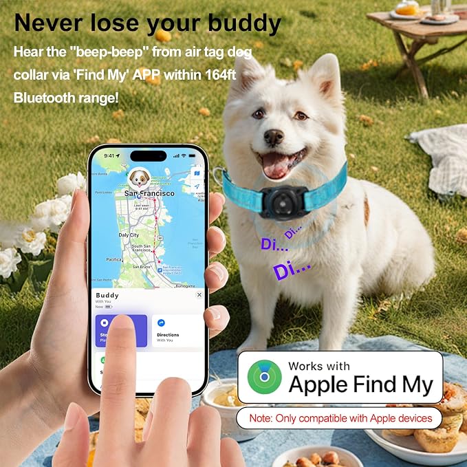 Air Tags Dog Collar, Waterproof Pet Collar with Air-Tag Chip for Apple Find My (iOS only) (SkyBlue, L)