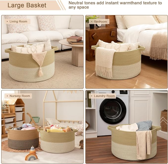 OIAHOMY 115L Extra Large Blanket Basket for Living Room, 23.6" x 15.4" Woven Cotton Rope Laundry Basket for Organizing Pillows, Decorative Stuffed Animal Toy Storage for Nursery, Jute and White