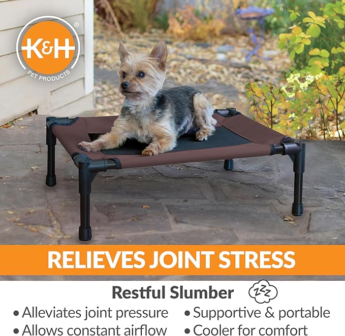 K&H Outdoor Elevated Dog Bed, Cooling Raised Dog Bed, Small Chocolate | Pet Cot for Small Pets, Breathable Mesh Center Hammock Design, Indoor/Outdoor Washable Cover, 22x17in