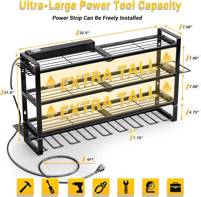 Power Tool Organizer Wall Mount with Charging Station,4 Layer,5 Outlets | 8 Drill Holder,Loads 400LBS,Heavy Duty Metal Extra Tall Tool Shelf,For Tool &Battery Storage,Utility Racks for Garage