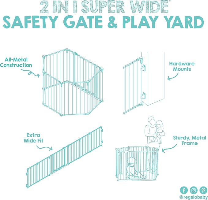 Regalo Safety 56"-130" Metal 2-in-1 Super Wide Baby Gate & Play Yard | Adjustable Playpen, For Doorways & Open Spaces, For Babies, Toddlers & Pets, White, Tested & Trusted for 30 Years