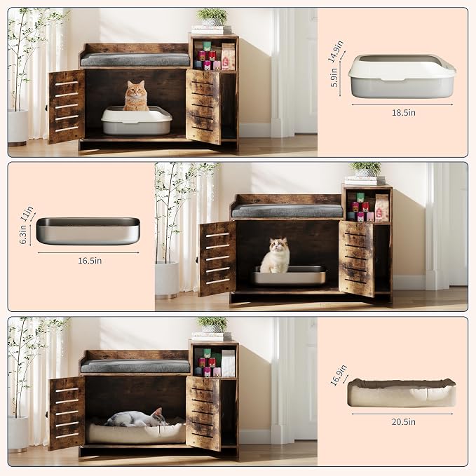 Cat Litter Box Enclosures, Large Hidden Cat Litter Box Furniture with Double Door, Wooden End Table Litter Box Cabinet with Storage Shelf, Cushion & Litter Mat, Dog Proof Design, Modern Cat House
