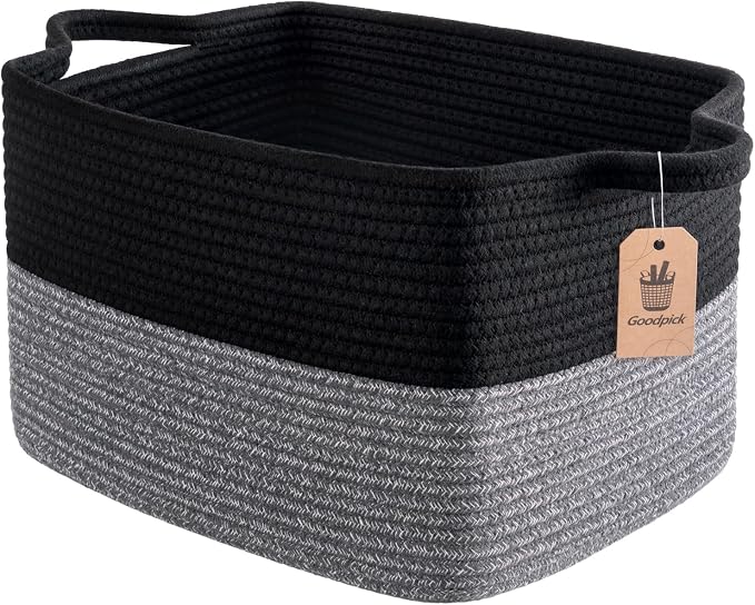 Goodpick Woven Storage Basket for Shelves, 13" x 10" x 9", Black & Gray | Decorative Gift Basket for Nursery & Bedroom, Cotton Rope Baskets for Toys, Books & Daily Essentials, Rectangle Design