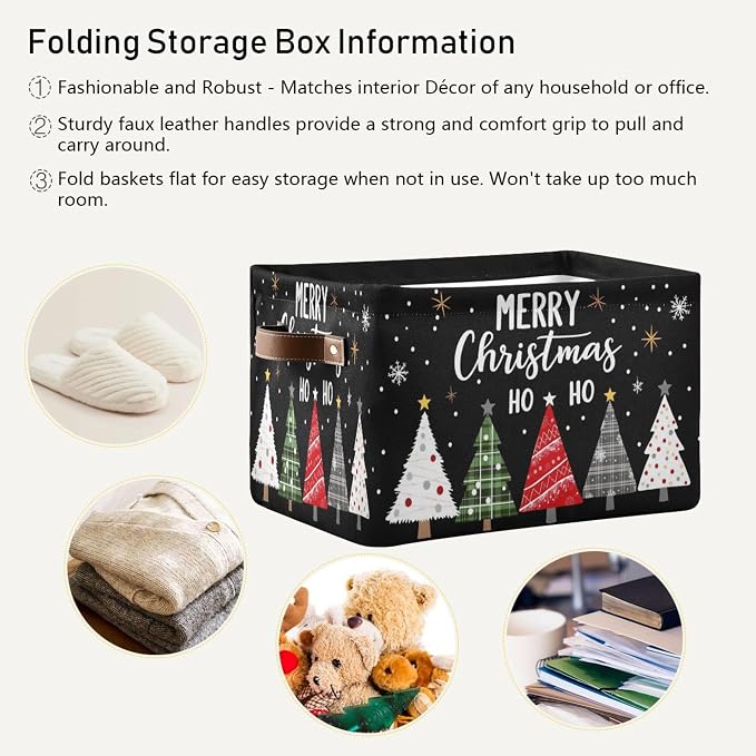 Merry Christmas Tree Black Storage Basket with Waterproof Liner and PU Handles Winter Snowflake Xmas Storage Bins Boxes 14.2" Collapsible Decorative Organizer Baskets for Bedroom Closet Office 2 Pack