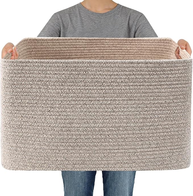 JMvicyroam 96L Large Woven Cotton Rope Blanket Basket, Oatmeal | Blanket Storage for Living Room or Bedroom Use, Freestanding with Reinforced Handles, Entire Basket is Machine Washable