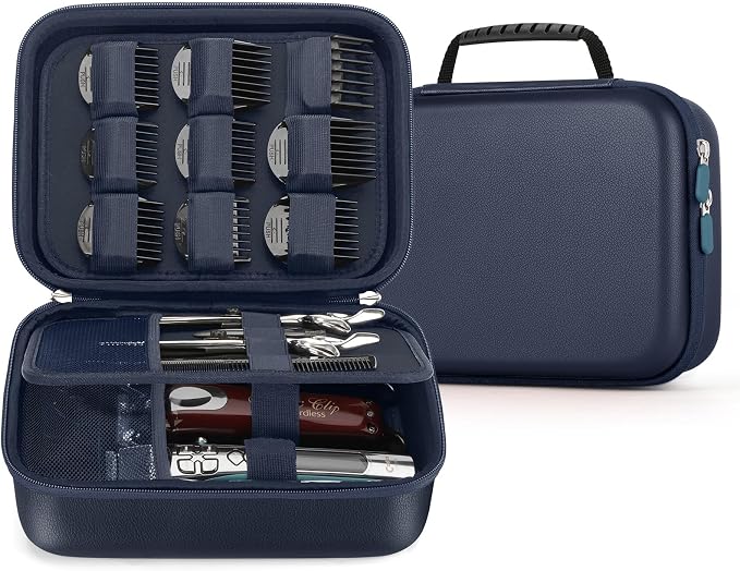 Hard Barber Accessories Case for Hair Clippers Mens Hair Cutting Barber | Barber Supplies Holder, Trimmer Organizer Storage Bag for Hair Cutting, Guard Grooming Kit (PU Navy Blue)