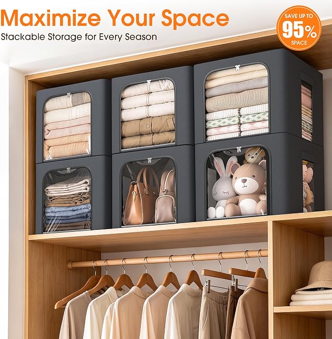 8 Pack Clothes Storage Bins with Metal Frame,Stackable Organizer Bins with Handles for Closet & Bedroom(Light Grey)
